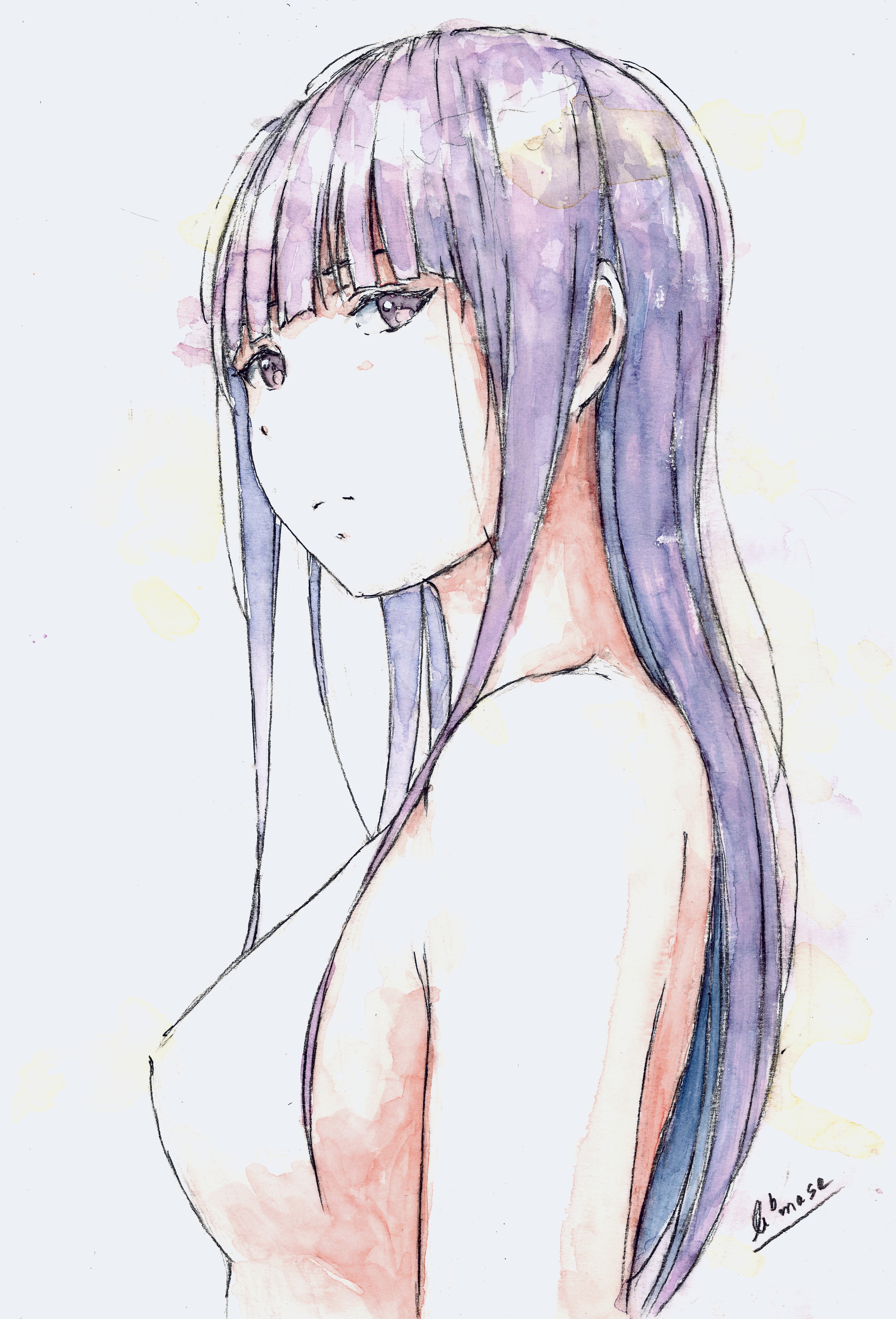 bbmasa, yoroizuka mizore, hibike! euphonium, liz to aoi tori, absurdres, commentary request, highres, traditional media, 1girl, blue background, blunt bangs, breasts, closed mouth, from side, frown, long hair, looking at viewer, medium breasts, nipples, nude, purple eyes, purple hair, signature, solo, upper body