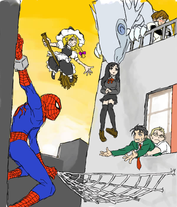 tetsu juuji, angry german kid, blue-eyes white dragon, blue eyes white dragon, kaiba seto, katsura kotonoha, kirisame marisa, spider-man, taniguchi (suzumiya haruhi), marvel, niconico rpg, school days, spider-man (series), suzumiya haruhi no yuuutsu, touhou, yu-gi-oh!, yu-gi-oh! duel monsters, > <, 00s, 2girls, 4boys, black hair, black thighhighs, blonde hair, blush, braid, broom, broom riding, brown hair, closed eyes, crossed arms, crossover, dress, duel monster, flying, hat, long hair, mouth hold, multiple boys, multiple crossover, multiple girls, necktie, one eye closed, ribbon, school uniform, silk, spider web, sunset, sweatdrop, thighhighs, what, window, wink, witch, witch hat, zettai ryouiki