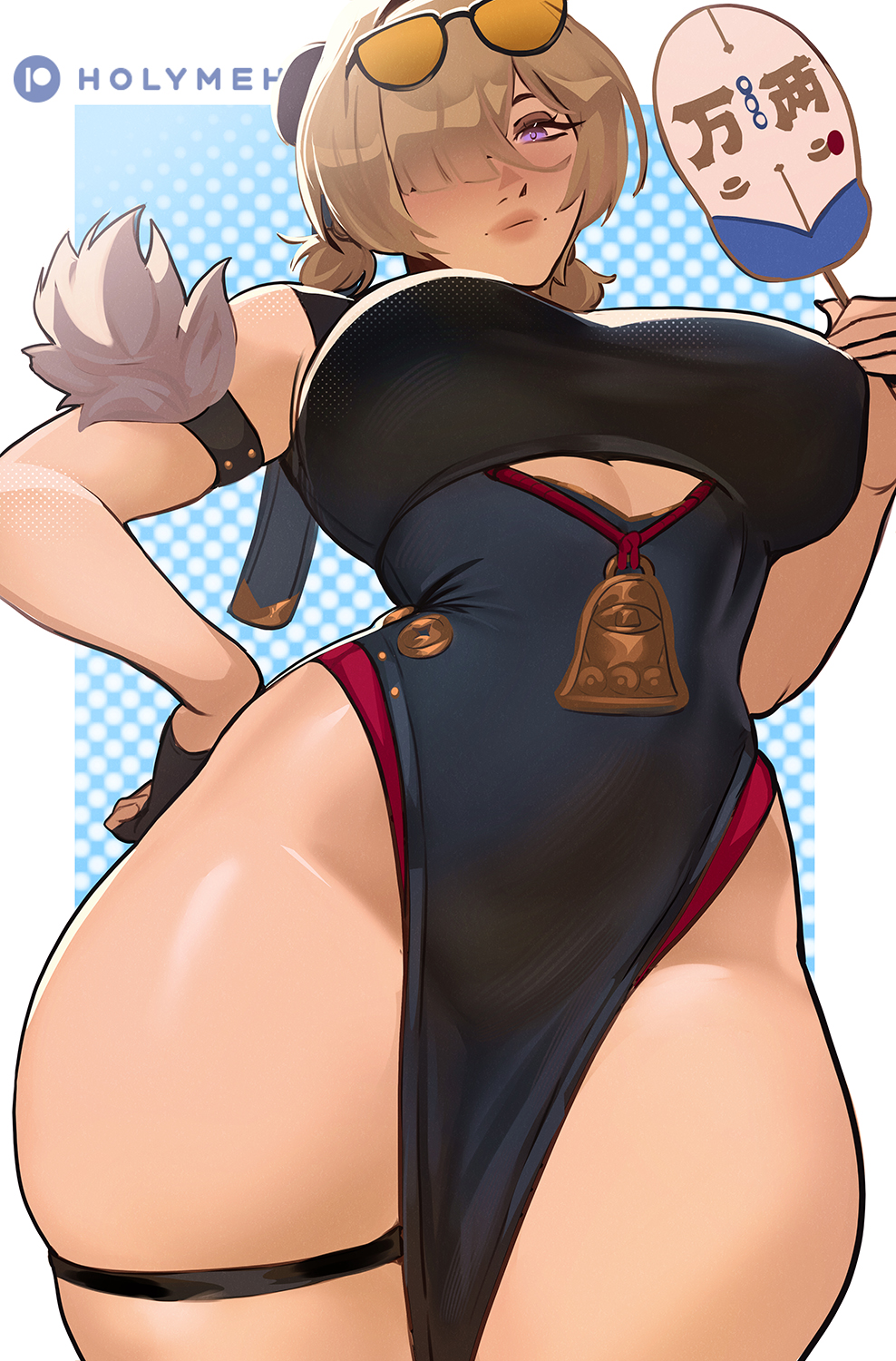 holy meh, sweety (zenless zone zero), zenless zone zero, highres, 1girl, armband, black dress, blonde hair, blue background, breasts, china dress, chinese clothes, closed mouth, clothing aside, clothing cutout, cutout above navel, dress, eyewear on head, fingerless gloves, gloves, hair over one eye, hand fan, holding, holding fan, orange-tinted eyewear, patreon logo, patreon username, pelvic curtain, pelvic curtain aside, purple eyes, single fingerless glove, solo, sunglasses, thigh strap, thighs, tinted eyewear, tuanshan, underboob cutout, white background, yellow-tinted eyewear