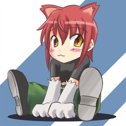 blaue gans, riza wildman, kaibutsu oujo, lowres, 00s, 1girl, animal ears, animal hands, cat ears, chibi, elbow gloves, female focus, full body, gloves, looking at viewer, pants, paw gloves, red hair, shoe soles, short hair, solo, yellow eyes