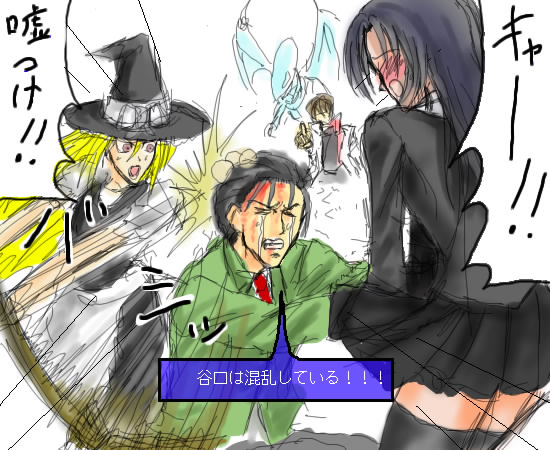 blue-eyes white dragon, blue eyes white dragon, kaiba seto, katsura kotonoha, kirisame marisa, taniguchi (suzumiya haruhi), niconico rpg, school days, suzumiya haruhi no yuuutsu, touhou, yu-gi-oh!, yu-gi-oh! duel monsters, translation request, 00s, 2boys, 2girls, black thighhighs, blonde hair, blush, broom, crossover, duel monster, hat, long hair, multiple boys, multiple girls, open mouth, purple eyes, purple hair, skirt, tears, thighhighs, witch, witch hat, zettai ryouiki