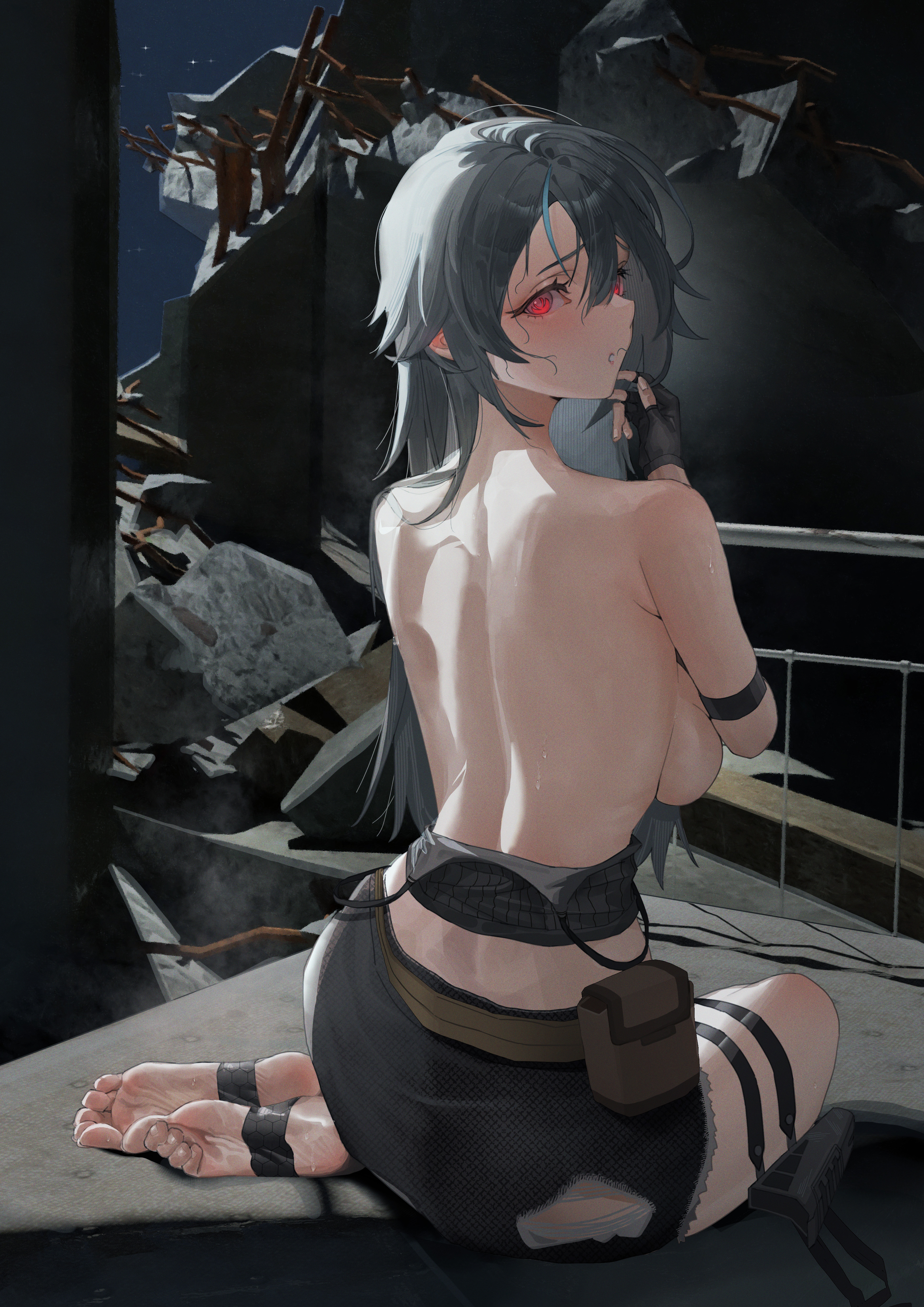 i am not a cat, original, absurdres, highres, 1girl, barefoot, blush, feet, grey hair, long hair, looking at viewer, looking back, parted lips, red eyes, soles, stirrup legwear, toeless legwear, toes, topless female