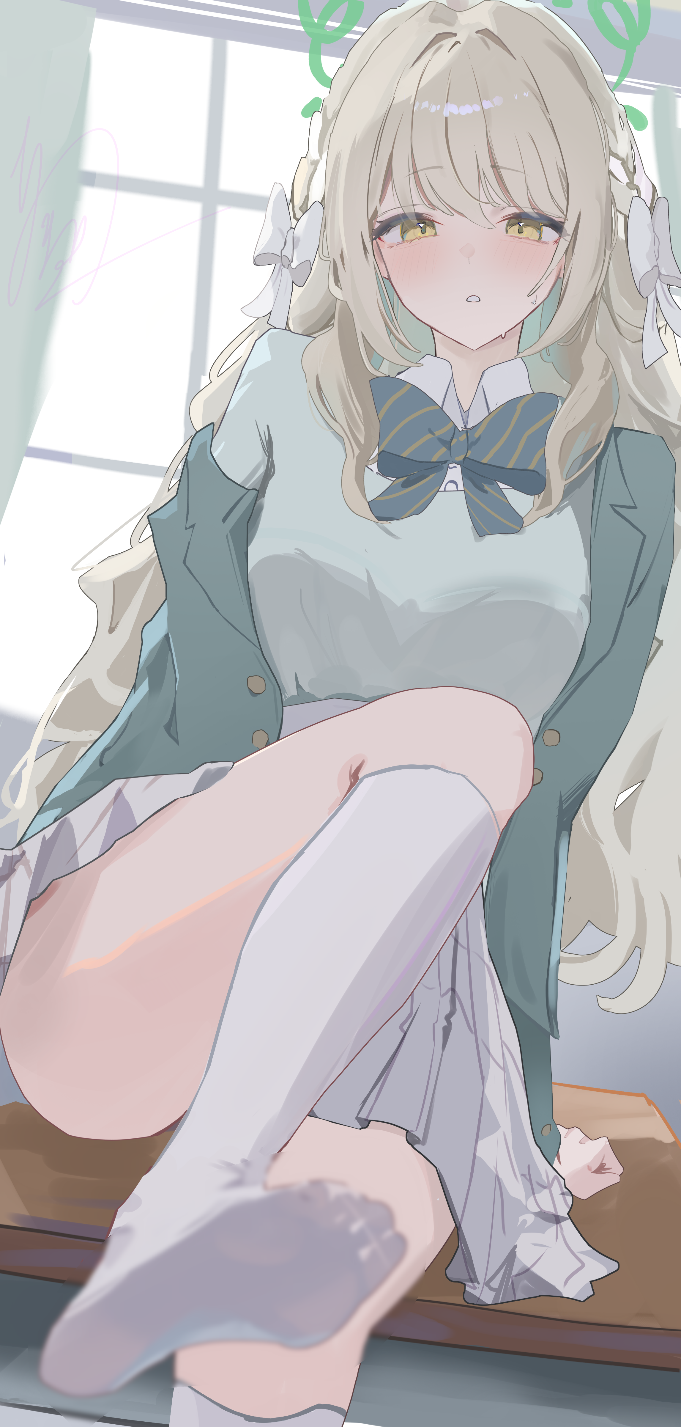 miyo (blue archive), blue archive, absurdres, highres, 1girl, amanome121, blush, bow, bowtie, brown hair, desk, feet, foot focus, green bow, green bowtie, green jacket, grey skirt, hair bow, halo, indoors, jacket, kneehighs, long hair, long sleeves, looking at viewer, no shoes, open clothes, open jacket, parted lips, school desk, school uniform, shirt, sitting, skirt, socks, sweat, white bow, white socks, yellow eyes