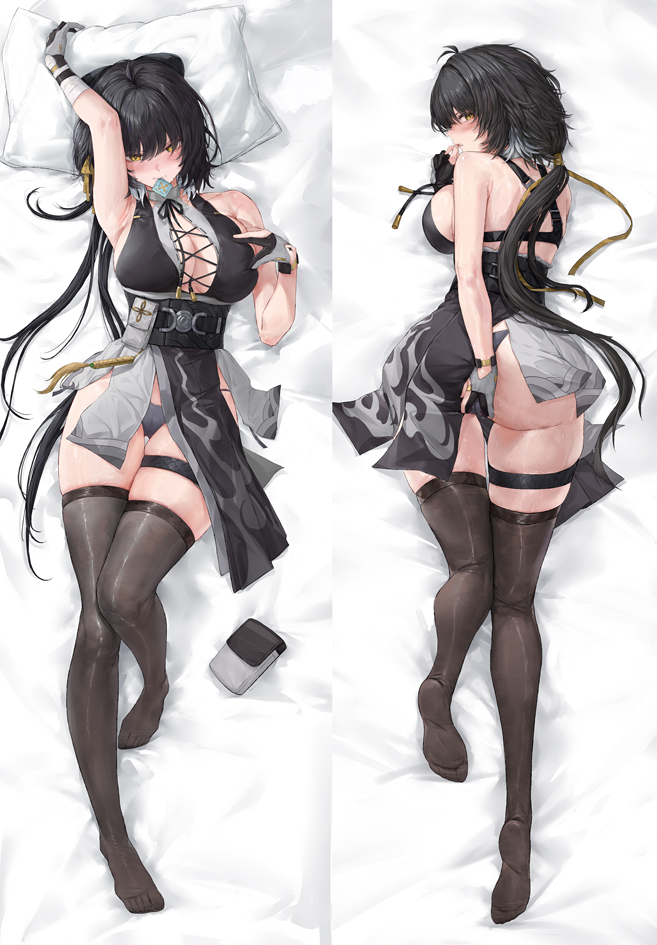 butuo (butuo13), female rover (wuthering waves), rover (wuthering waves), wuthering waves, 1girl, arm up, armpits, ass, bare shoulders, bed, black dress, black gloves, black hair, black panties, blush, breasts, condom, condom in mouth, dakimakura (medium), dress, full body, gloves, hair between eyes, large breasts, lying, medium hair, mouth hold, multiple views, on back, open mouth, panties, parted lips, skindentation, sleeveless, sleeveless dress, thigh strap, thighhighs, thighs, underwear, yellow eyes