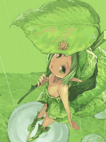toro (konirio), original, 1girl, fairy, female focus, from above, green eyes, green hair, green theme, leaf, leaf umbrella, lettuce, looking up, matching hair/eyes, mini person, minigirl, monster girl, plant girl, pointy ears, puddle, rain, snail, solo