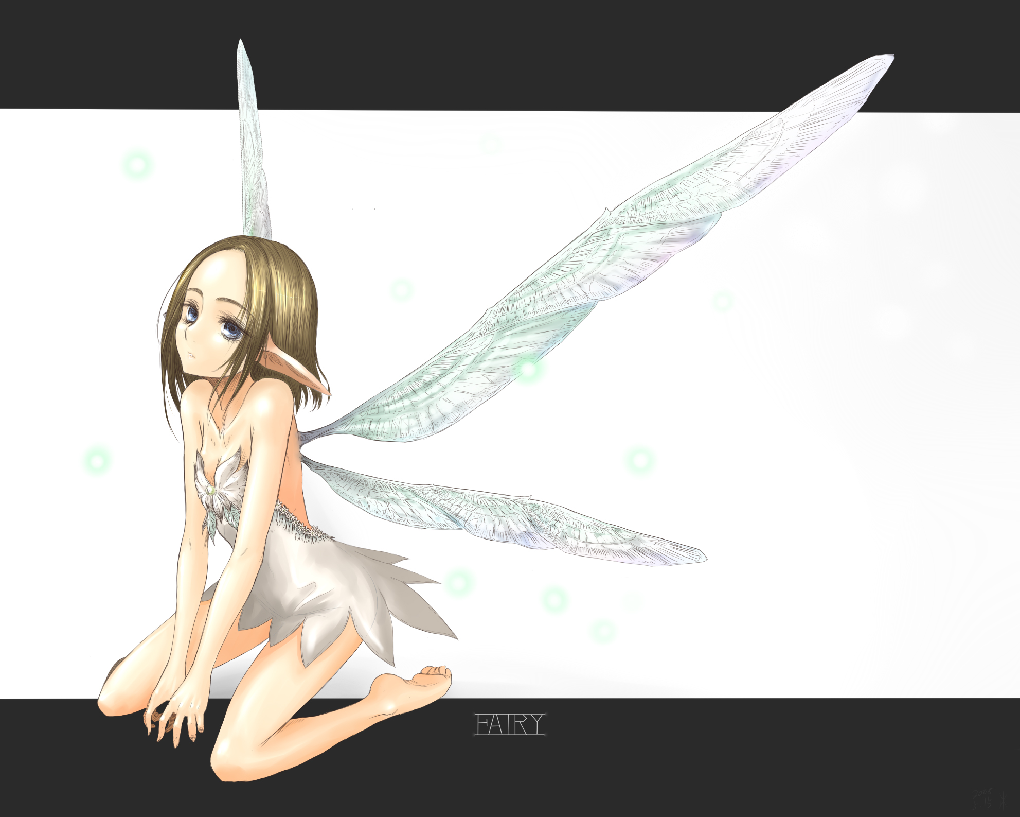 kotoba noriaki, original, pixiv card battler, pixiv fantasia, highres, 1girl, barefoot, dress, fairy, feet, female focus, forehead, pointy ears, solo, wings