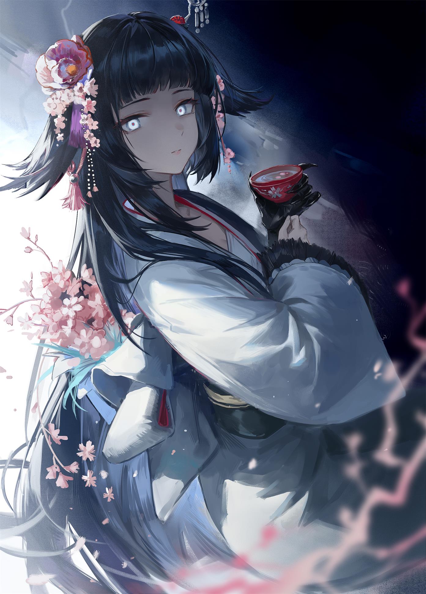 meinoss, mio (arknights), arknights, highres, 1girl, black hair, black sash, chest sarashi, cup, flower, gloves, hair flower, hair ornament, hair wings, holding, japanese clothes, kimono, long hair, long sleeves, looking at viewer, obi, obijime, pink flower, sakazuki, sarashi, sash, solo, split-color clothes, two-tone kimono, white eyes, white kimono, wide sleeves