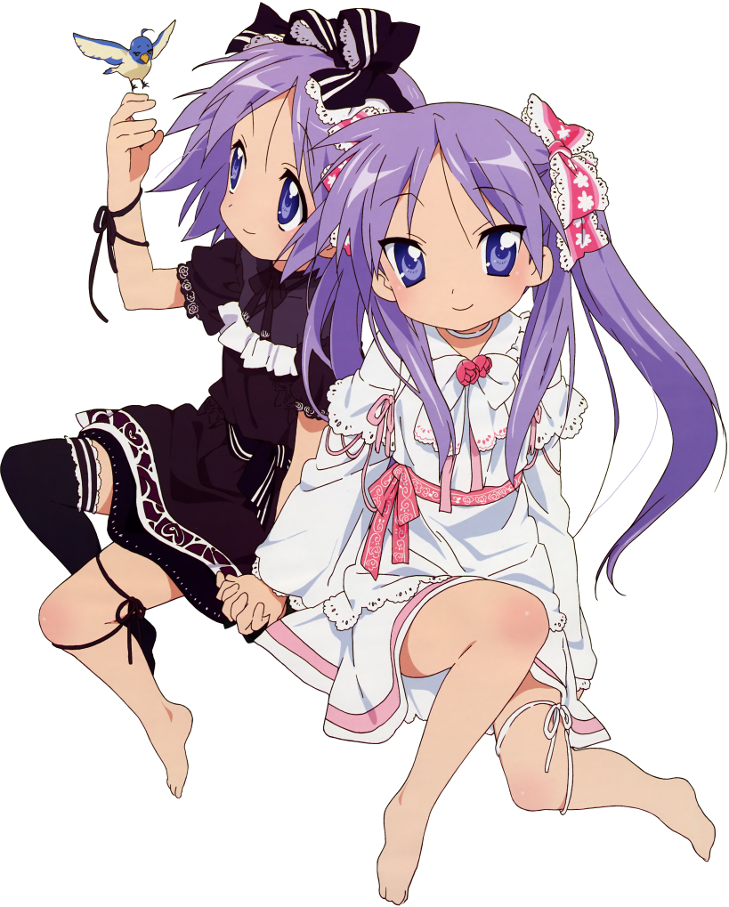 hiiragi kagami, hiiragi tsukasa, lucky star, 00s, 2girls, blue eyes, dress, full body, hair ribbon, hairband, long hair, looking at viewer, multiple girls, purple hair, ribbon, short hair, siblings, sisters, sitting, thighhighs, transparent background, twins, twintails