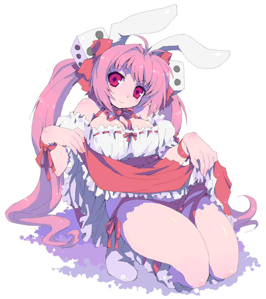 atsumuchi, hisakawa chin, usada hikaru, di gi charat, 1girl, apron, blush, breasts, clothes lift, collarbone, dress, full body, head tilt, kneeling, large breasts, long hair, looking at viewer, oekaki, off-shoulder dress, off shoulder, simple background, skirt, skirt lift, solo, twintails, very long hair, white background, white dress