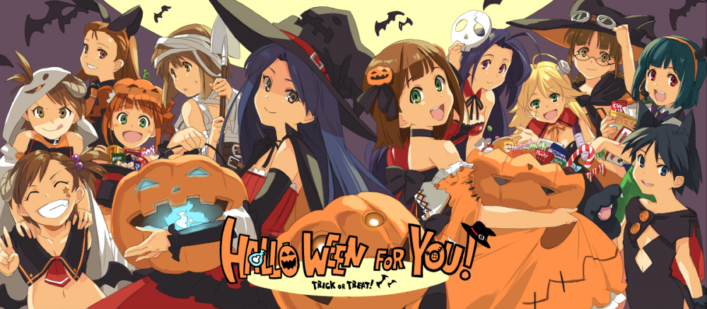 itachi yamakou, akizuki ritsuko, amami haruka, futami ami, futami mami, hagiwara yukiho, hoshii miki, kikuchi makoto, kisaragi chihaya, minase iori, miura azusa, otonashi kotori, takatsuki yayoi, idolmaster, idolmaster (classic), idolmaster 1, 00s, 6+girls, braid, everyone, halloween, jack-o'-lantern, multiple girls, pumpkin, siblings, sisters, trick or treat, twin braids, twins, twintails
