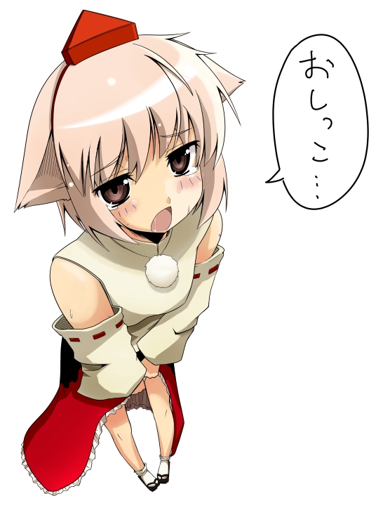 inubashiri momiji, touhou, black footwear, bad id, bad pixiv id, translation request, 1girl, animal ears, bare shoulders, blush, clothes lift, detached sleeves, female focus, foreshortening, frilled skirt, frills, from above, hat, japanese clothes, japanese text, looking at viewer, looking up, miko, open mouth, pigeon-toed, pink eyes, pink hair, red skirt, saliva, sandals, shirt, shoes, short hair, simple background, skirt, skirt lift, sleeveless, sleeveless shirt, socks, solo, speech bubble, standing, sweat, tabi, tears, text focus, white background, white shirt, white socks, wolf ears
