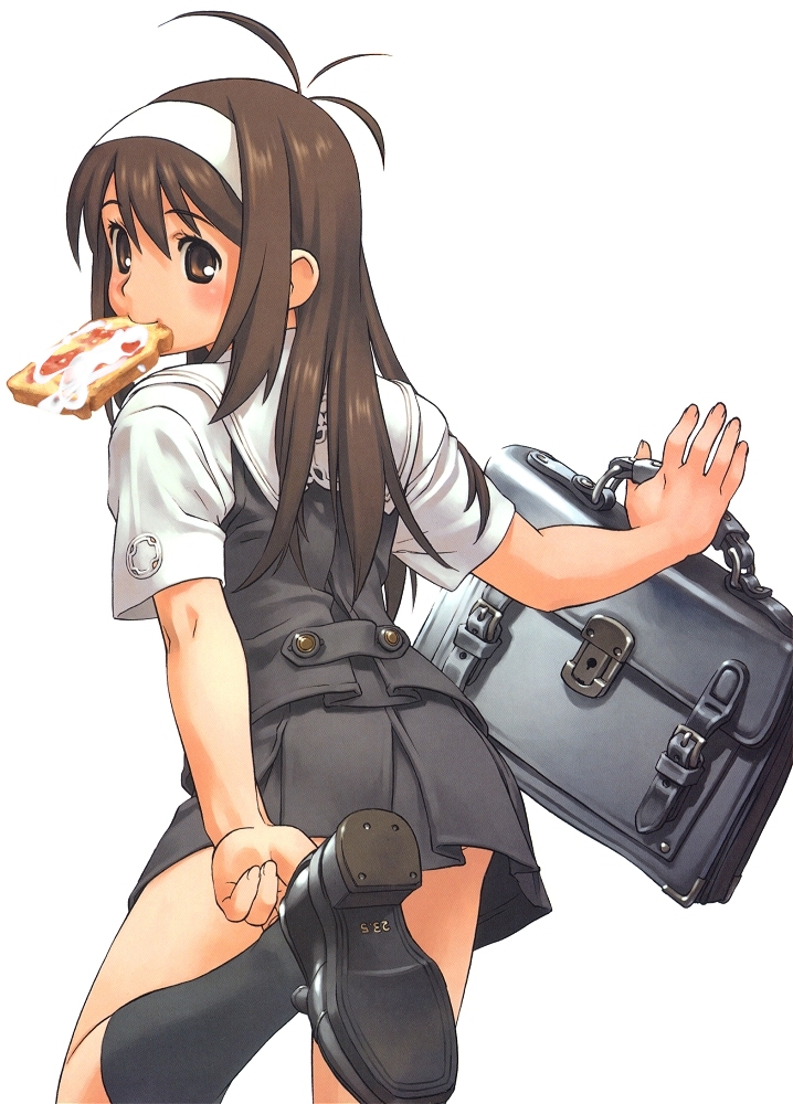 tanaka kunihiko, original, third-party edit, adjusting footwear, ahoge, antenna hair, black socks, bread slice, briefcase, cum, cum on food, eating, food, food in mouth, hairband, kneehighs, miniskirt, mouth hold, school briefcase, school uniform, simple background, skirt, socks, solo, toast, toast in mouth, white background