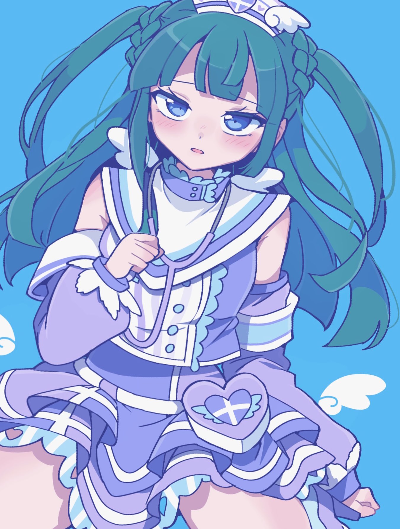 nojima minami, tsukikawa chili, pretty series, pripara, highres, 1girl, blue background, blue eyes, blunt bangs, blunt ends, blush, collared shirt, detached sleeves, frilled skirt, frills, green hair, hat, heart-shaped bag, idol clothes, kishimen hair, layered skirt, long hair, long sleeves, looking at viewer, nurse cap, open mouth, purple shirt, purple skirt, shirt, sitting, skirt, solo, stethoscope, two side up
