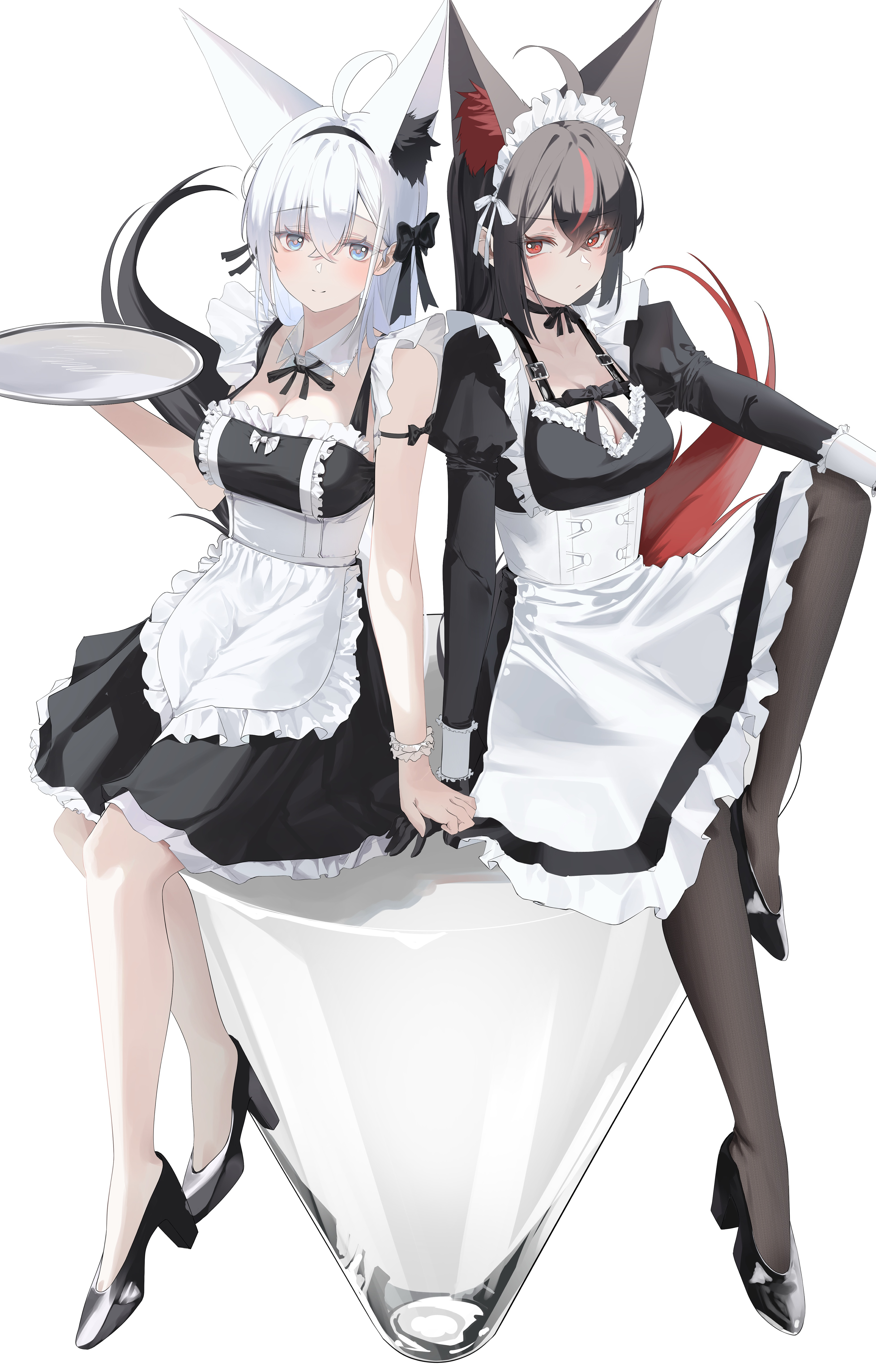 tanishi (hetianming11093), kurokami fubuki, shirakami fubuki, hololive, absurdres, highres, 2girls, ahoge, animal ears, apron, black dress, black hair, black pantyhose, blue eyes, breasts, cleavage, detached collar, dress, fox ears, fox girl, fox tail, frilled apron, frills, holding, holding tray, long sleeves, maid, maid apron, maid headdress, medium breasts, multiple girls, pantyhose, red eyes, simple background, sitting, sleeveless, sleeveless dress, tail, tray, virtual youtuber, white apron, white background, white hair, white pantyhose, wrist cuffs