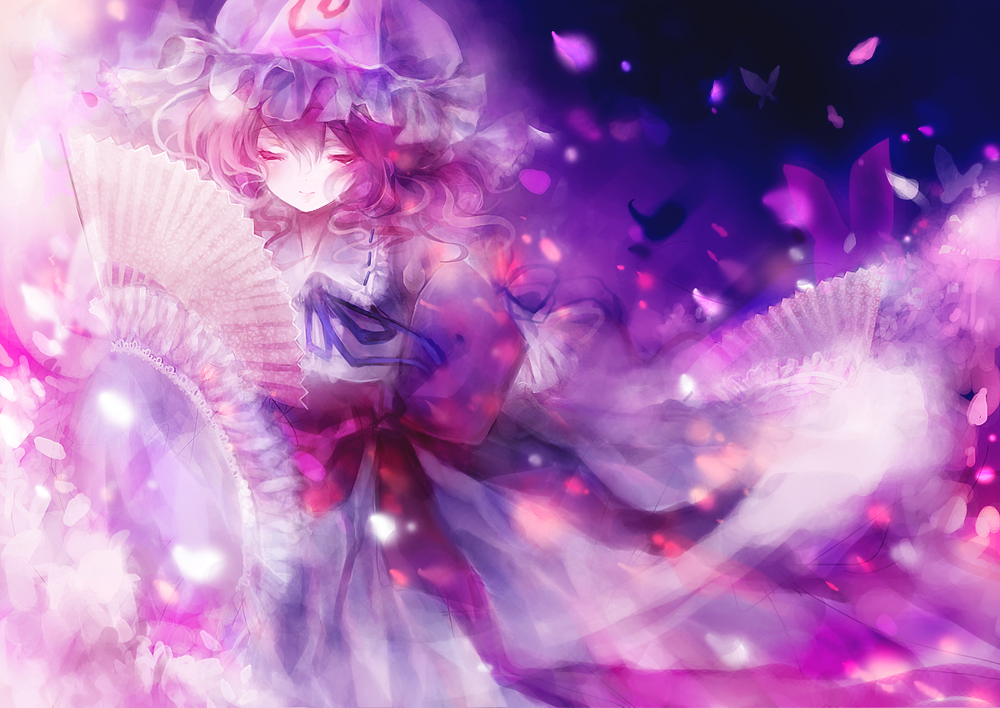 shimeko, saigyouji yuyuko, touhou, bad id, bad pixiv id, 1girl, bug, butterfly, eyelashes, female focus, folding fan, hand fan, hat, petals, pink hair, pink theme, shimeshime, short hair, solo, wavy hair