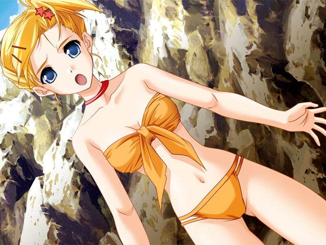 sagisawa anzu, oonishi konatsu, colorful kiss, game cg, 1girl, :o, bandeau, bikini, blonde hair, blue eyes, breasts, choker, cleavage, cloud, day, dutch angle, female focus, front-tie top, hair ornament, hairclip, large breasts, looking at viewer, navel, open mouth, orange bikini, outdoors, rock, short hair, side ponytail, sky, solo, standing, star (symbol), star hair ornament, swimsuit