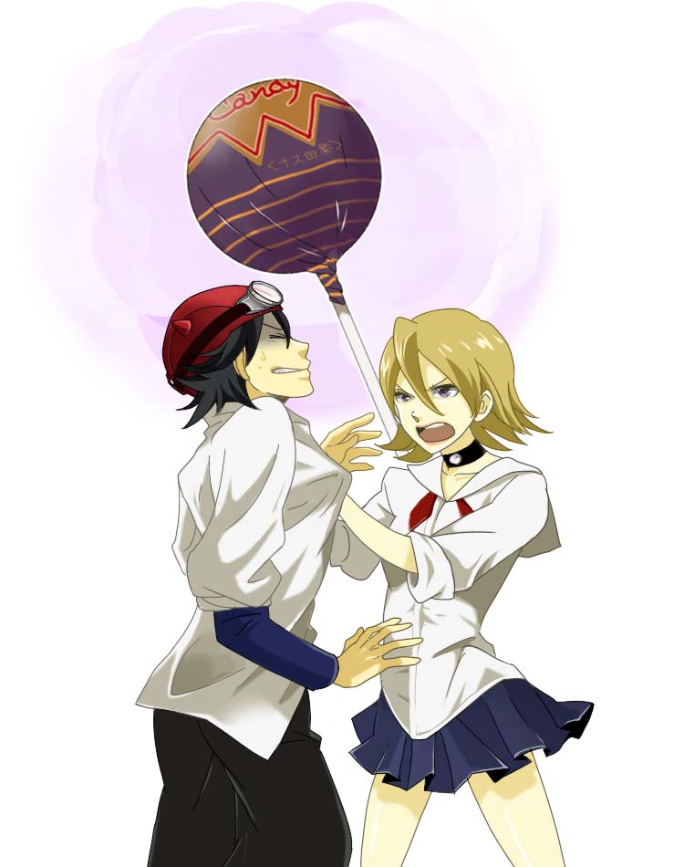 regain, fujisaki yuusuke, onizuka hime, chupa chups, sket dance, 1boy, 1girl, angry, black hair, blonde hair, candy, choker, goggles, goggles on head, hat, lollipop, open mouth, pleated skirt, school uniform, short hair, skirt, sleeves rolled up, tomboy, white background