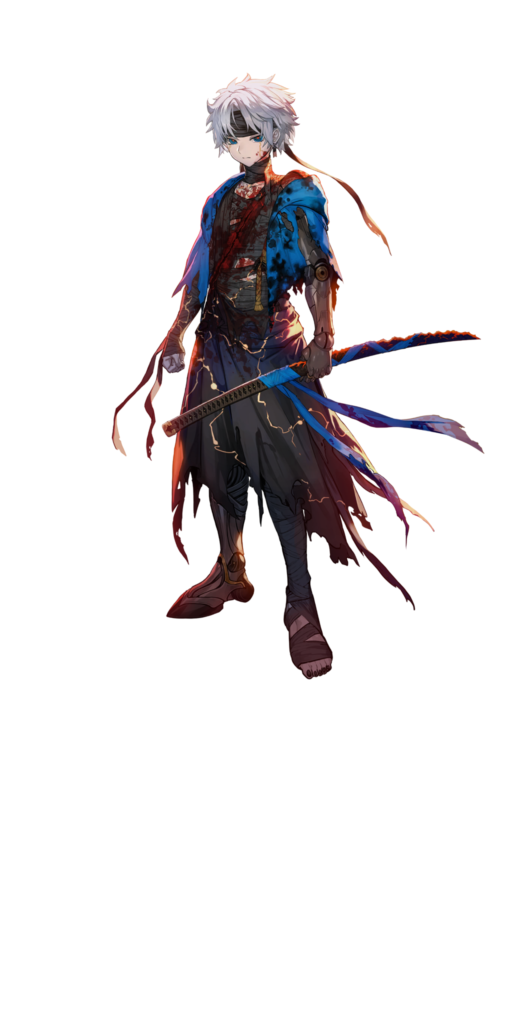 lack, fate/grand order, fate (series), highres, official art, third-party source, 1boy, bandages, black headband, black nails, blood, blood on clothes, blood on face, blue eyes, clenched hand, cloak, earrings, full body, headband, holding, holding sword, holding weapon, jewelry, katana, looking at viewer, male focus, prosthesis, prosthetic arm, prosthetic leg, short hair, solo, standing, sword, tachi-e, torn cloak, torn clothes, toudou heisuke (fate), transparent background, weapon, white hair