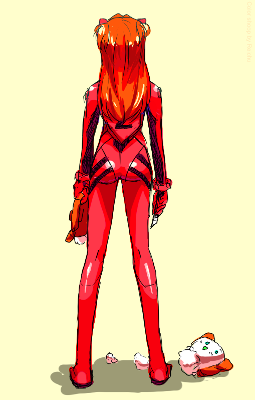 souryuu asuka langley, neon genesis evangelion, bad id, bad pixiv id, 1girl, ass, back, bodysuit, boxcutter, bracer, decapitation, female focus, from behind, full body, gloves, hair ornament, holding, knife, long hair, long legs, mecha pilot suit, orange hair, plugsuit (evangelion), red hair, severed head, shadow, simple background, sketch, solo, standing, stuffed animal, stuffed toy, two side up, yellow background