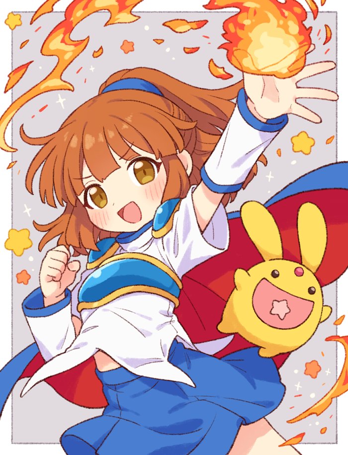 onyhakase, arle nadja, puyopuyo, commentary, 1girl, armor, blue skirt, brown hair, cape, fire, open mouth, skirt, smile