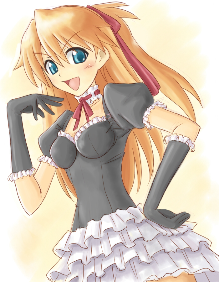 souryuu asuka langley, neon genesis evangelion, bad id, bad pixiv id, blue eyes, collar, dress, elbow gloves, gloves, gothic lolita, lolita fashion, long hair, red hair, solo