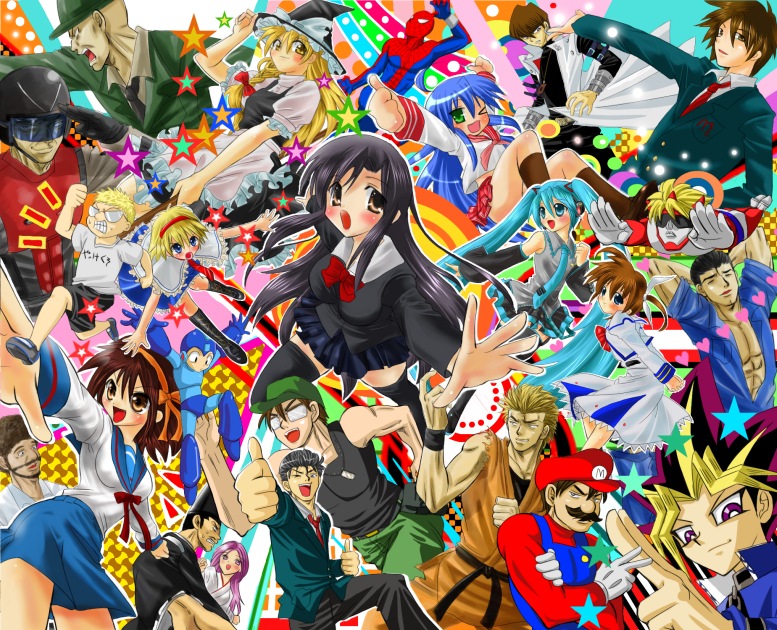 nagare, abe takakazu, alice margatroid, angry german kid, bob ross, godman, hatsune miku, izumi konata, kaiba seto, katsura kotonoha, kirisame marisa, koizumi itsuki, kotohime (goketsuji ichizoku), kotohime (power instinct), kotohime (touhou), mario, mega man (character), muto yugi, rock (rockman), ryou sakazaki, sgt hartman, spider-man, storm 1, suzumiya haruhi, takamachi nanoha, taniguchi (suzumiya haruhi), tomitake jirou, yabeno hikomaro, yami yugi, atlus, buriki one, capcom, earth defense force, full metal jacket, go! godman, gouketsuji ichizoku, higurashi no naku koro ni, kuso miso technique, lucky star, lyrical nanoha, mahou shoujo lyrical nanoha, mahou shoujo lyrical nanoha a's, mario (series), marvel, matrimelee, mega man (classic), mega man (series), niconico rpg, nintendo, phantasmagoria of dim.dream, real life, ryuuko no ken, school days, snk, spider-man (series), suzumiya haruhi no yuuutsu, the king of fighters, toho, touhou, touhou (pc-98), vocaloid, yu-gi-oh!, yu-gi-oh! duel monsters, annotation request, character request, 00s, 6+girls, black hair, blonde hair, blue eyes, blue hair, blush, breasts, brown eyes, brown hair, crossover, dress, everyone, glasses, hat, heart man, kaijin, lets go onmyouji, long hair, multiple crossover, multiple girls, onmyouji, school uniform, seijin, serafuku, shirt, short hair, skirt, strom 1, worried, yaranaika