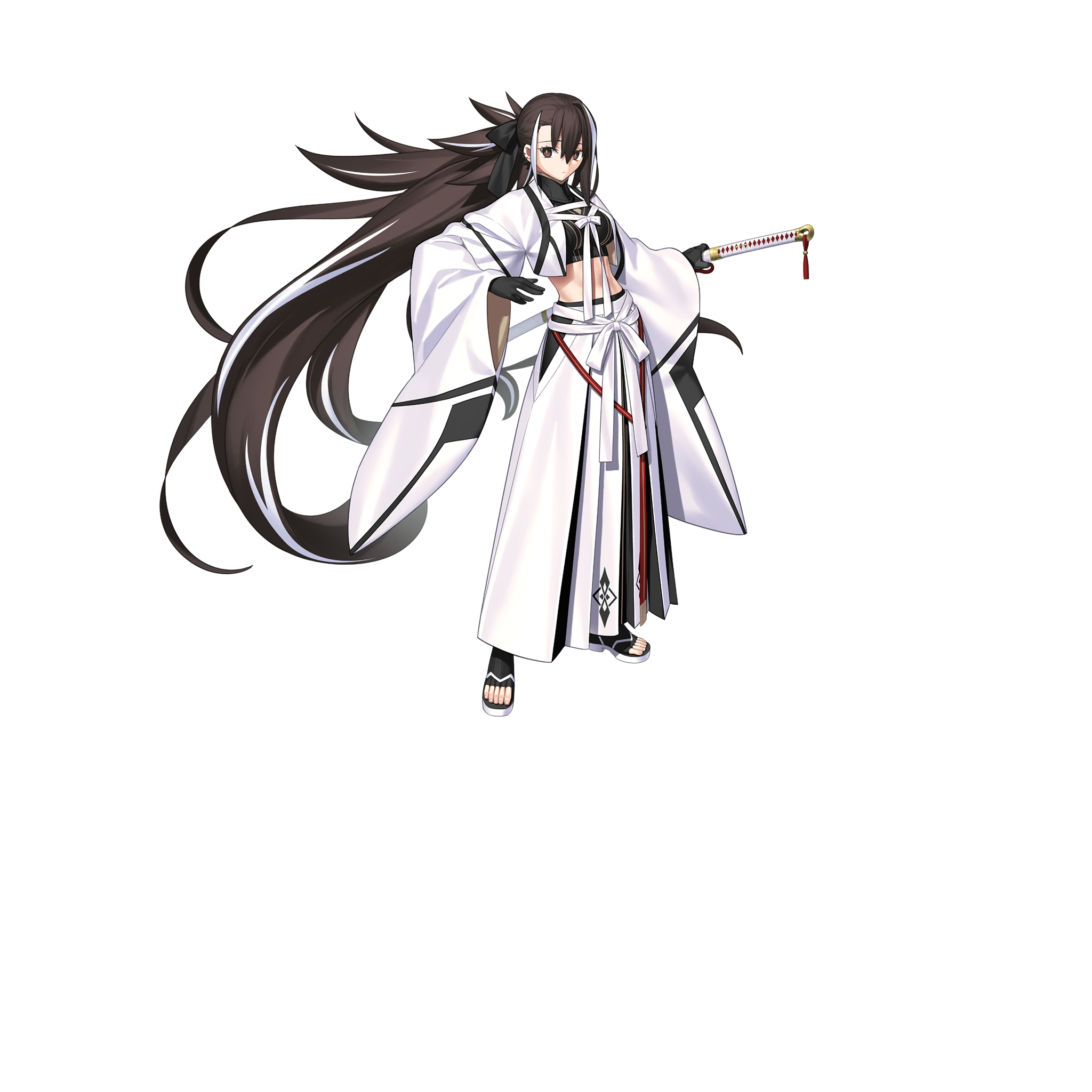 takeuchi takashi, kawakami gensai (fate), fate/grand order, fate (series), highres, large variant set, official art, third-party source, variant set, 1girl, black gloves, brown eyes, brown hair, crop top, full body, gloves, hair ribbon, hakama, haori, holding, holding sword, holding weapon, japanese clothes, japanese hat, katana, kawakami gensai (third ascension) (fate), long hair, looking at viewer, midriff, multicolored hair, navel, ponytail, ribbon, shirt, shoes, solo, standing, streaked hair, sword, tachi-e, transparent background, two-tone hair, weapon, white hair, white hakama, white haori, white ribbon