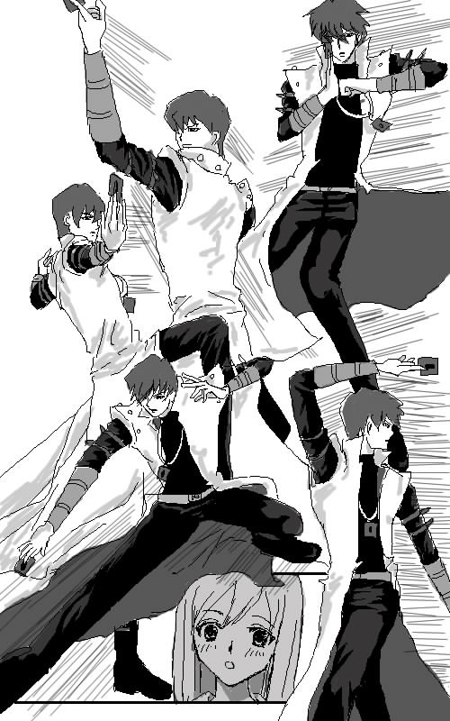 kaiba seto, katsura kotonoha, haou airen, niconico rpg, school days, yu-gi-oh!, yu-gi-oh! duel monsters, 00s, 1boy, 1girl, card, card on necklace, coat, crossover, greyscale, holding, holding card, kung fu, kungfu, monochrome, short hair, strap, trench coat, yu-gi-oh (card)