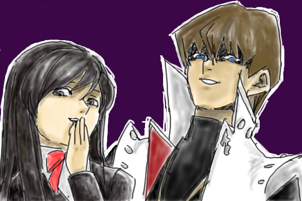 kaiba seto, katsura kotonoha, niconico rpg, school days, yu-gi-oh!, yu-gi-oh! duel monsters, 00s, 1boy, 1girl, black eyes, black hair, blue eyes, brown hair, coat, covering own mouth, crossover, hand over mouth, hand over own mouth, long hair, trench coat