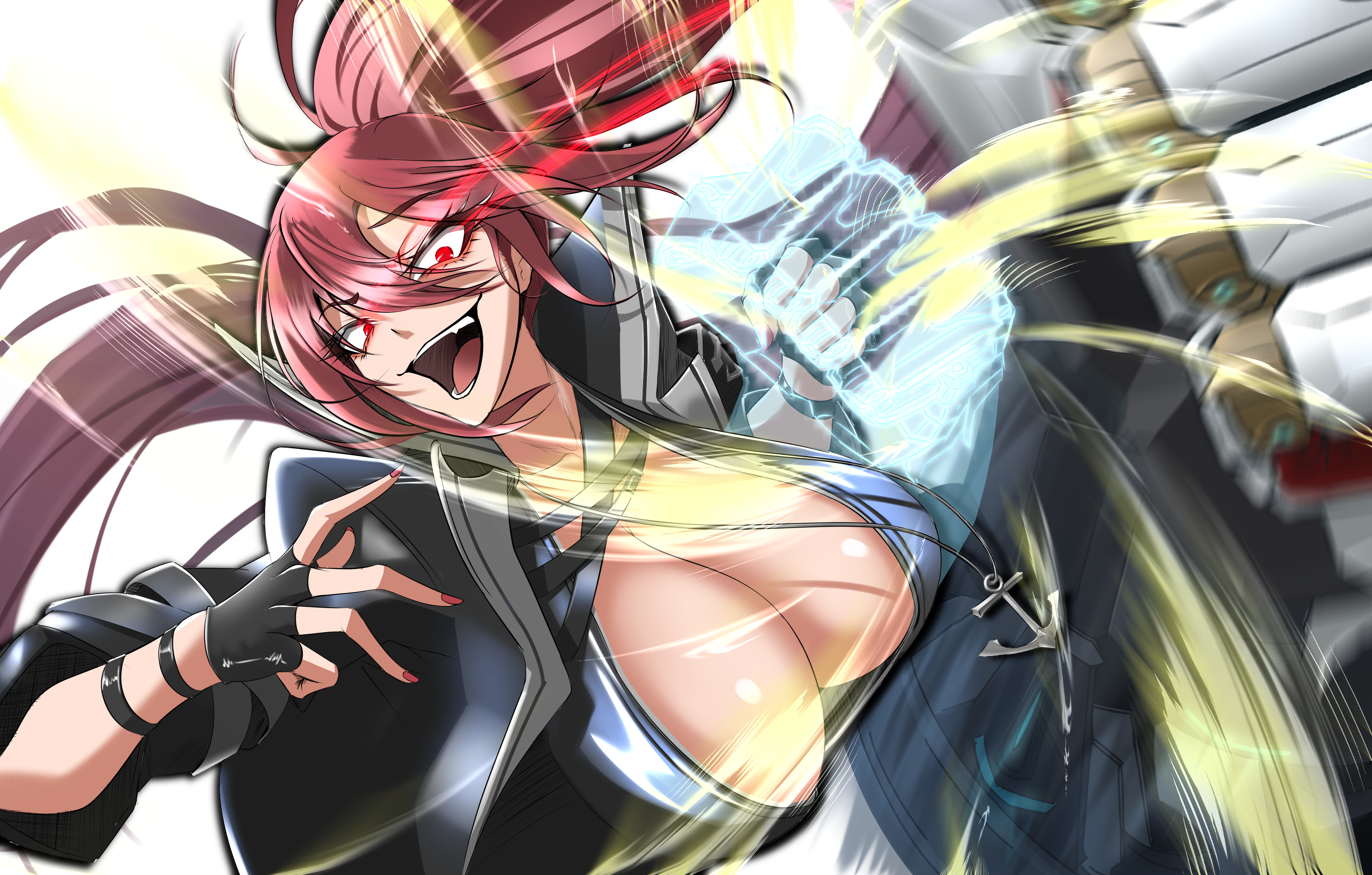 fuyuno arashi, maryland (azur lane), maryland (retrofit) (azur lane), azur lane, absurdres, highres, tagme, anchor, anchor necklace, breasts, cleavage, clenched hand, fingerless gloves, gloves, glowing, glowing eyes, jewelry, large breasts, looking at viewer, mechanical arms, necklace, open mouth, ponytail, punching, red eyes, red hair