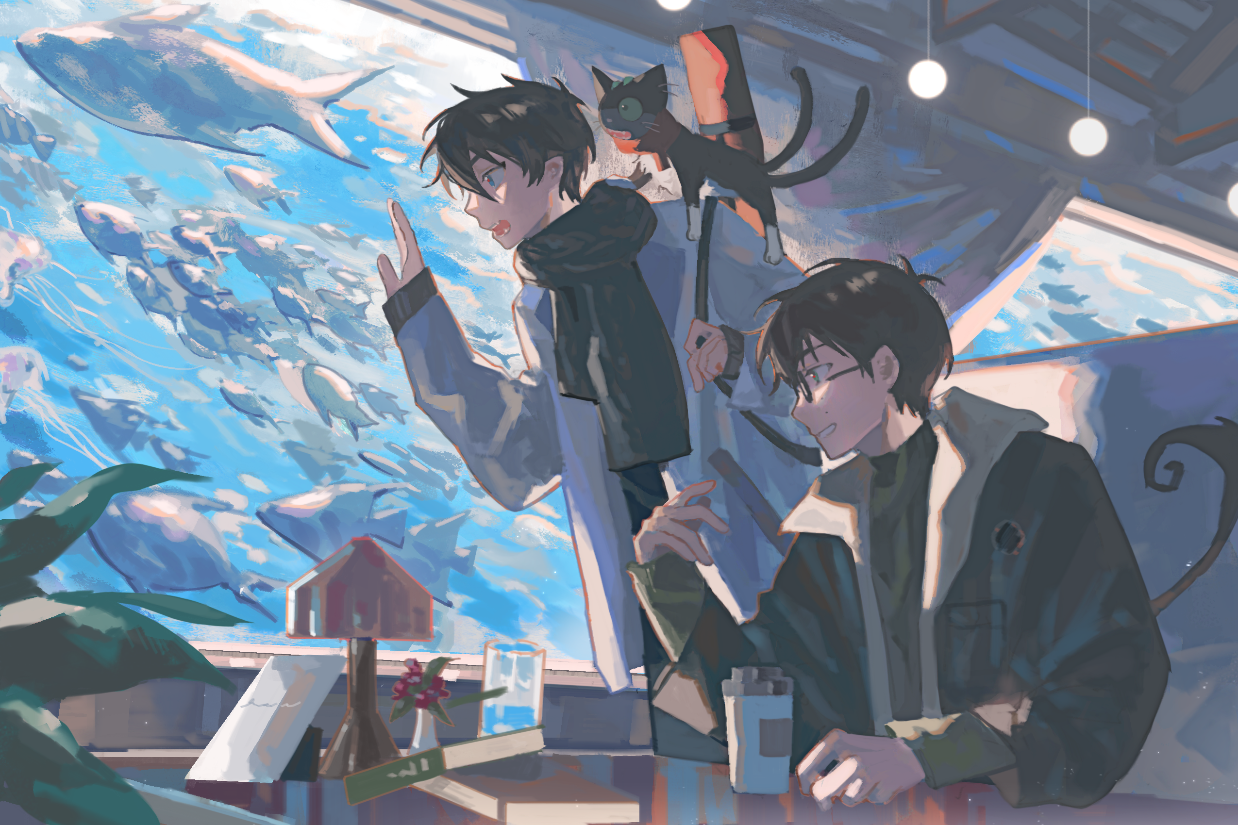 rives, kuro (ao no exorcist), okumura rin, okumura yukio, ao no exorcist, curled tail, highres, 2boys, aquarium, bag, black hair, black jacket, book, brothers, cat, coffee, curtains, fangs, fish, holding, holding bag, jacket, lamp, looking outside, male focus, multiple boys, multiple moles, necktie, ocean, plant, pointy ears, scarf, short hair, siblings, sitting, standing, twins, weapon bag, white jacket