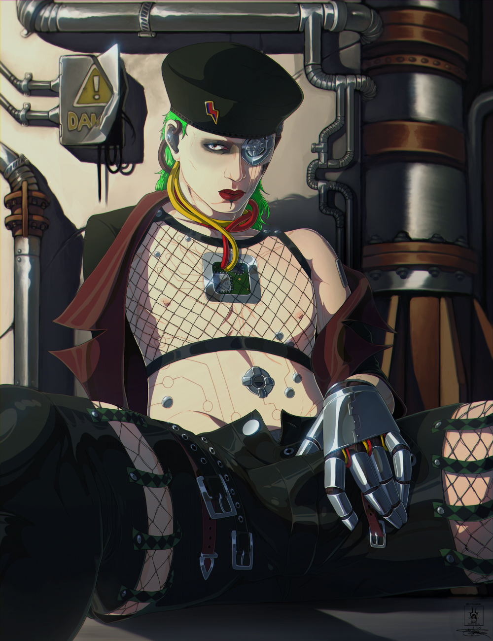 highres, anime coloring, artificial eye, belt, computer chip, cyberpunk, cyborg, fishnet thighhighs, fishnets, florian bowie (suveramort), green hair, hat, hearing aid, implied erection, industrial, latex pants, loose wires, male focus, mechanical eye, multiple belts, open fly, peaked cap, prosthesis, prosthetic arm, red lips, skinny, suveramort, thighhighs, wire