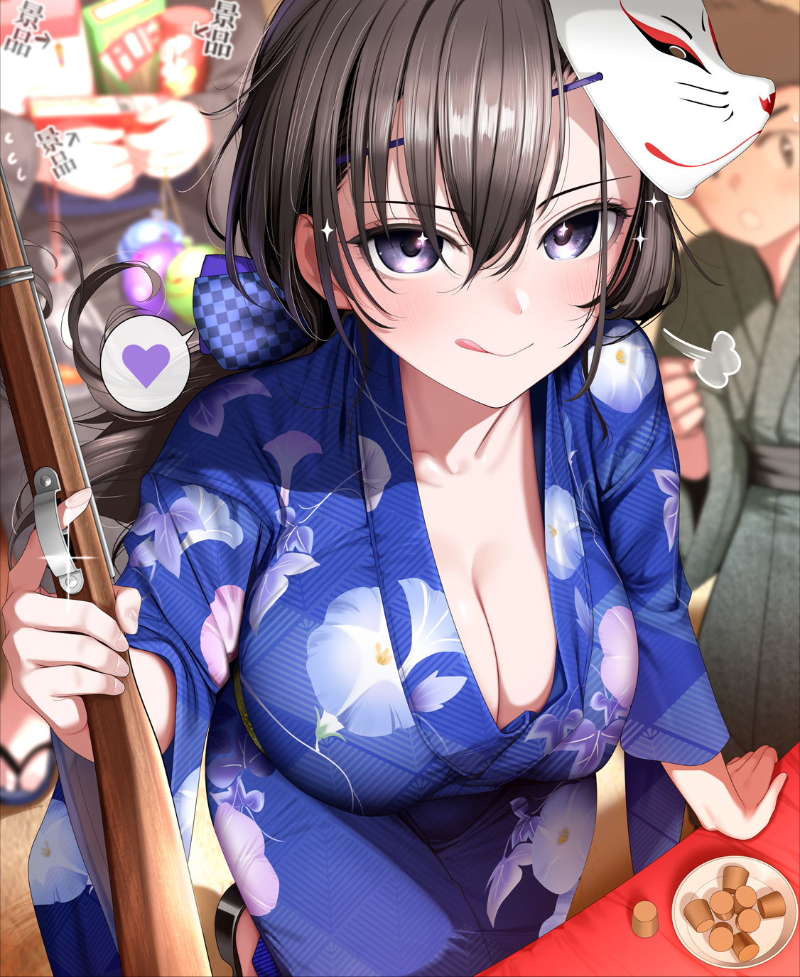 fed (giba), original, highres, + +, 1girl, black hair, blue kimono, blurry, blurry background, blush, breasts, brown hair, cleavage, festival, fox mask, holding, holding toy gun, japanese clothes, kimono, lantern, large breasts, looking at viewer, mask, mask on head, paper lantern, print kimono, purple eyes, shooting gallery, smile, solo, tongue, tongue out, yukata