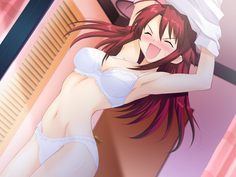 mutsumi masato, kirishima isami, yokubari saboten, game cg, 1girl, armpits, arms up, blush, bow, bow bra, bow panties, bra, breasts, brown hair, closed eyes, dutch angle, fang, lingerie, navel, open mouth, panties, tears, underwear, underwear only, undressing