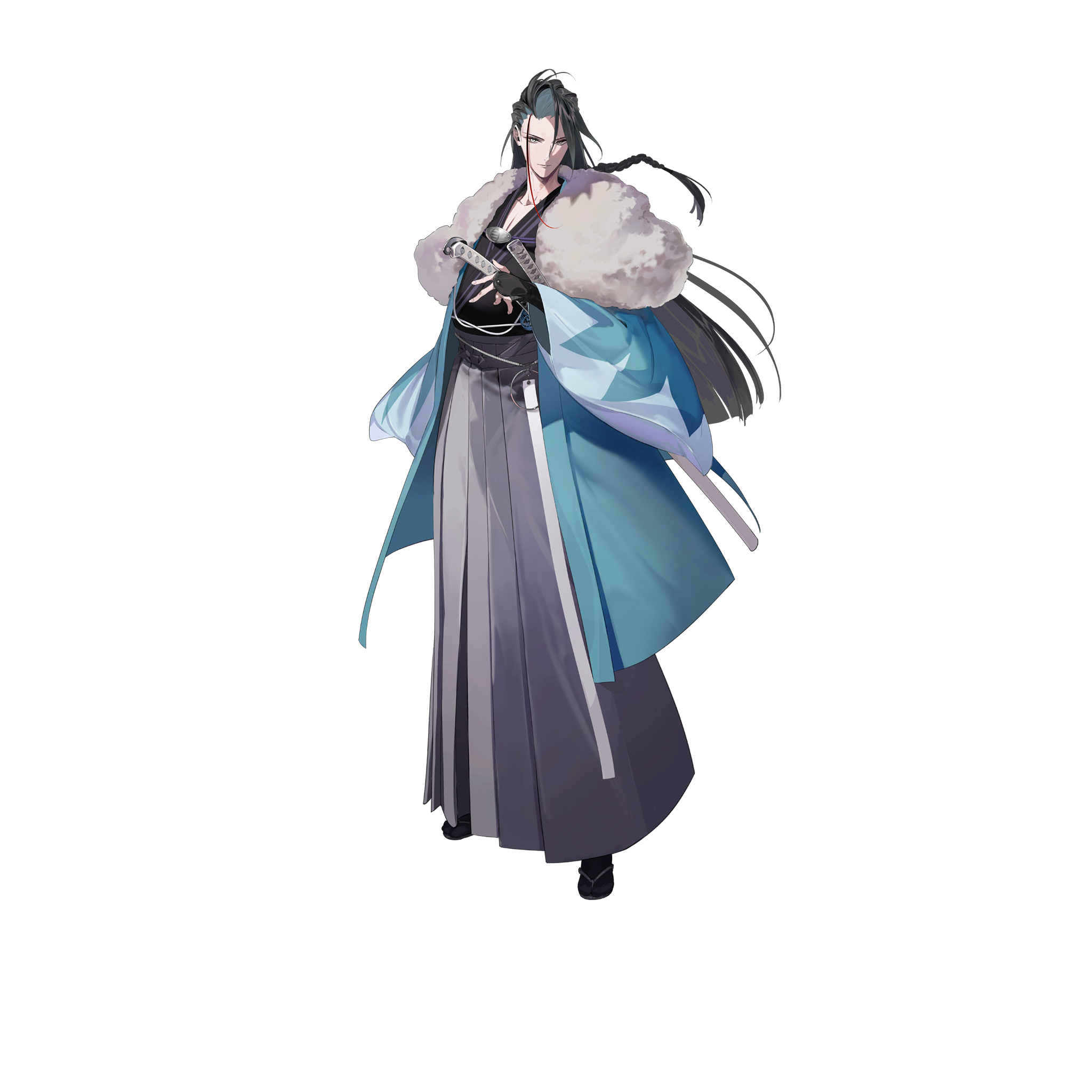fate/grand order, fate (series), highres, official art, third-party source, variant set, 1boy, aqua haori, black gloves, black hair, black kimono, braid, fingerless gloves, fur trim, gloves, hakama, hand on hilt, haori, japanese clothes, katana, kimono, kondou isami (fate), long hair, male focus, multicolored hair, red hair, sandals, sheath, single braid, skirt, smile, socks, solo, standing, streaked hair, sword, tachi-e, transparent background, two-tone hair, weapon, wide sleeves