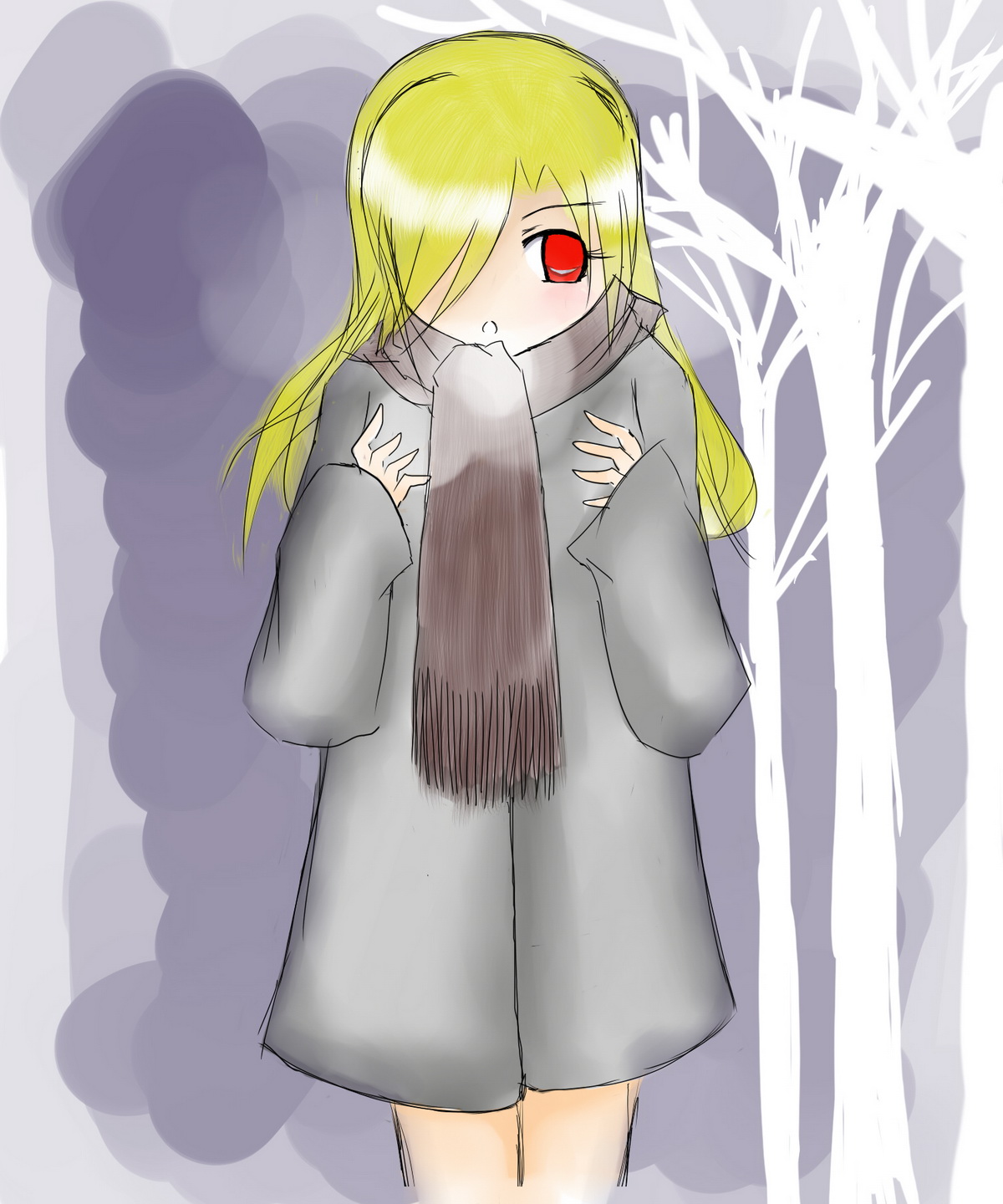flying snail, highres, 1girl, :o, blonde hair, blush, coat, female focus, hair over one eye, long hair, open mouth, outdoors, red eyes, scarf, sketch, solo, standing, tree, winter