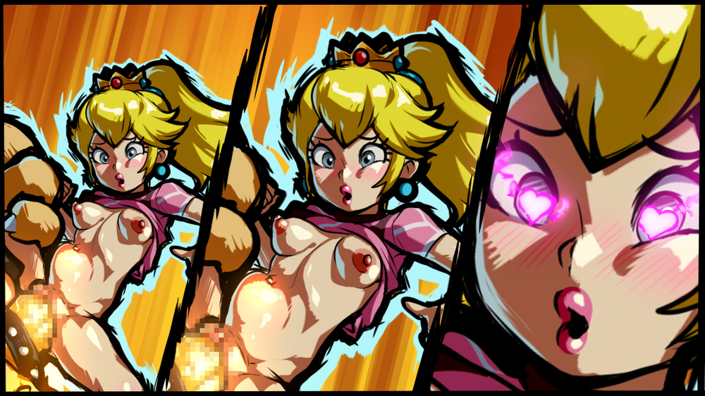 jcm2, bowser, princess peach, mario (series), mario strikers: battle league, mario strikers (series), nintendo, tagme, 1girl, 2022, 20s, blush, clothes lift, crown, glowing, glowing eyes, heart, heart-shaped pupils, hetero, mini crown, nipples, o3o, ponytail, pussy, sex, shirt lift, solo focus, stomach bulge, symbol-shaped pupils, vaginal
