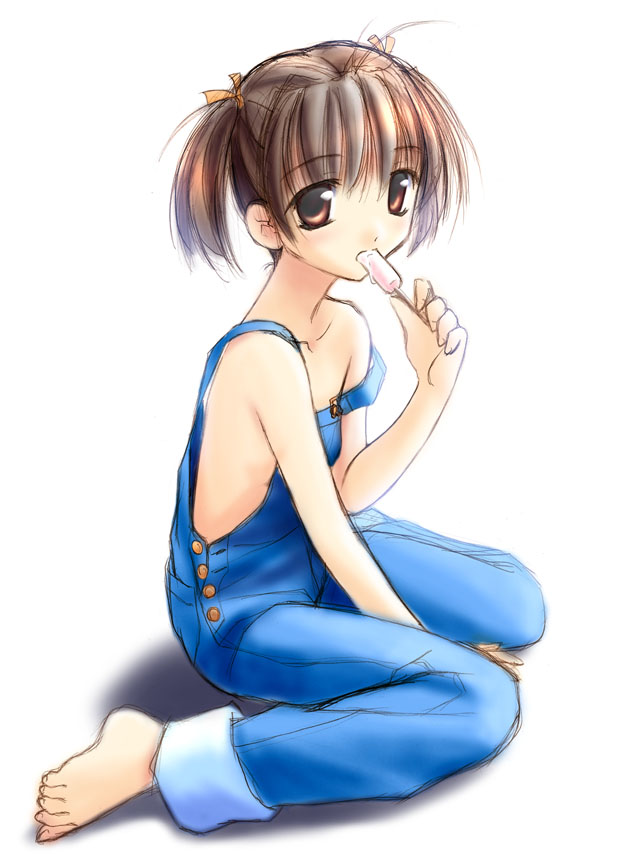 norizou type-r, 1girl, barefoot, feet, food, loli, naked overalls, overalls, popsicle, solo, toes, twintails