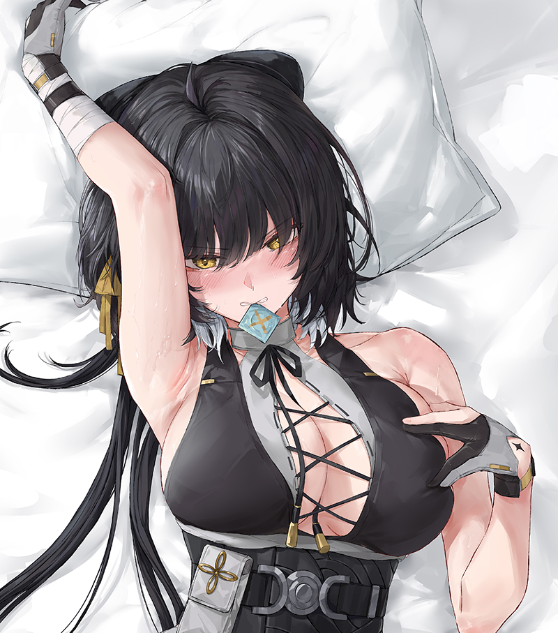 butuo (butuo13), female rover (wuthering waves), rover (wuthering waves), wuthering waves, 1girl, arm up, armpits, bare shoulders, bed, black dress, black gloves, black hair, blush, breasts, cleavage, condom, condom in mouth, dakimakura (medium), dress, gloves, hair between eyes, large breasts, lying, medium hair, mouth hold, on back, sleeveless, sleeveless dress, yellow eyes