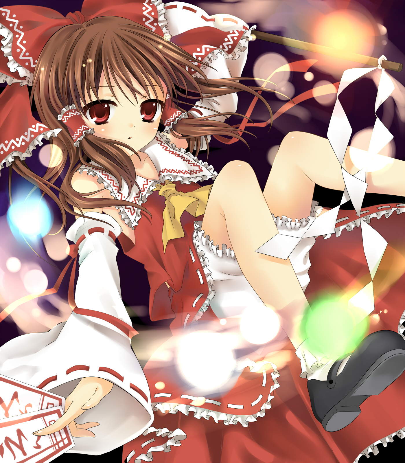 hanabana tsubomi, hakurei reimu, touhou, bad id, bad pixiv id, highres, 1girl, bloomers, blurry, bobby socks, bow, brown hair, danmaku, depth of field, female focus, frills, gohei, hair bow, mary janes, ofuda, red eyes, shoes, socks, solo, underwear, white bloomers