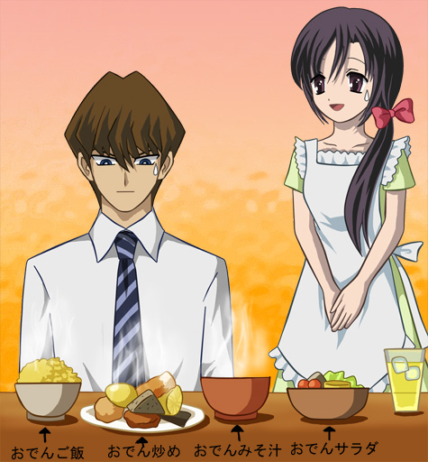 kaiba seto, katsura kotonoha, niconico rpg, school days, yu-gi-oh!, yu-gi-oh! duel monsters, yuu-gi-ou, translation request, 00s, 1boy, 1girl, apron, bow, chikuwa, crossover, food, oden, red bow