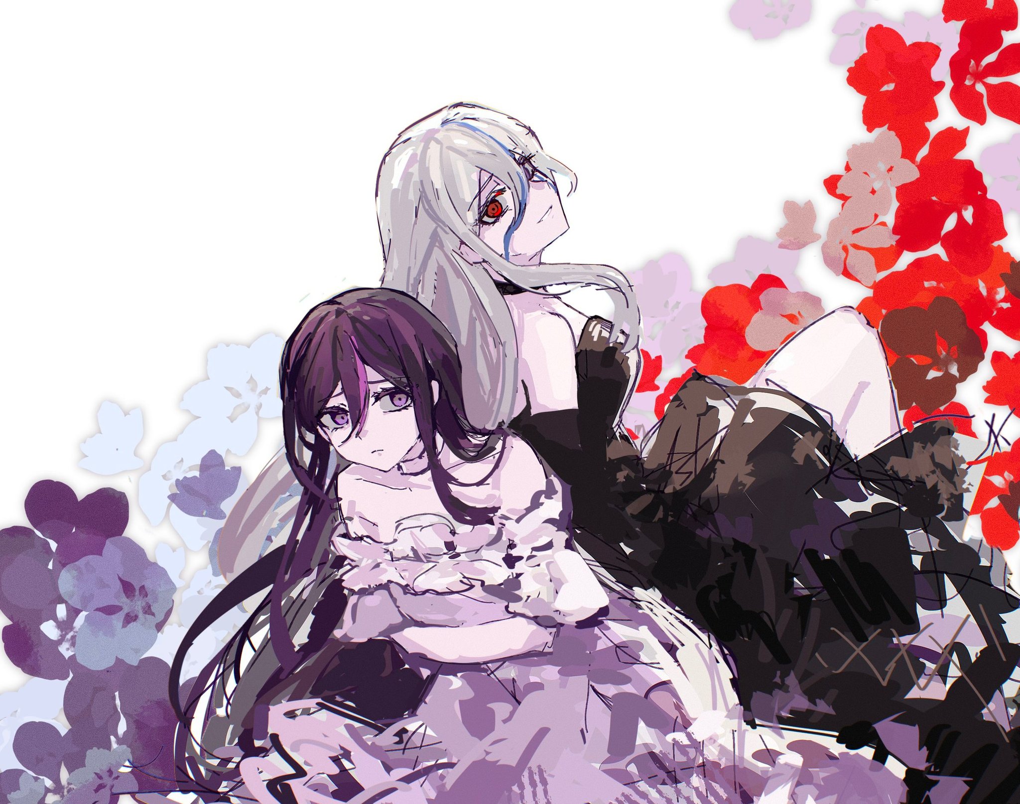 just passerbyc, eva (hundred line), v'ehxness, the hundred line -last defense academy-, highres, 2girls, black dress, blue hair, dress, facial mark, flower, heterochromia, long hair, multicolored hair, multiple girls, purple dress, purple eyes, purple flower, purple hair, red eyes, red flower, siblings, sisters, white background, white hair