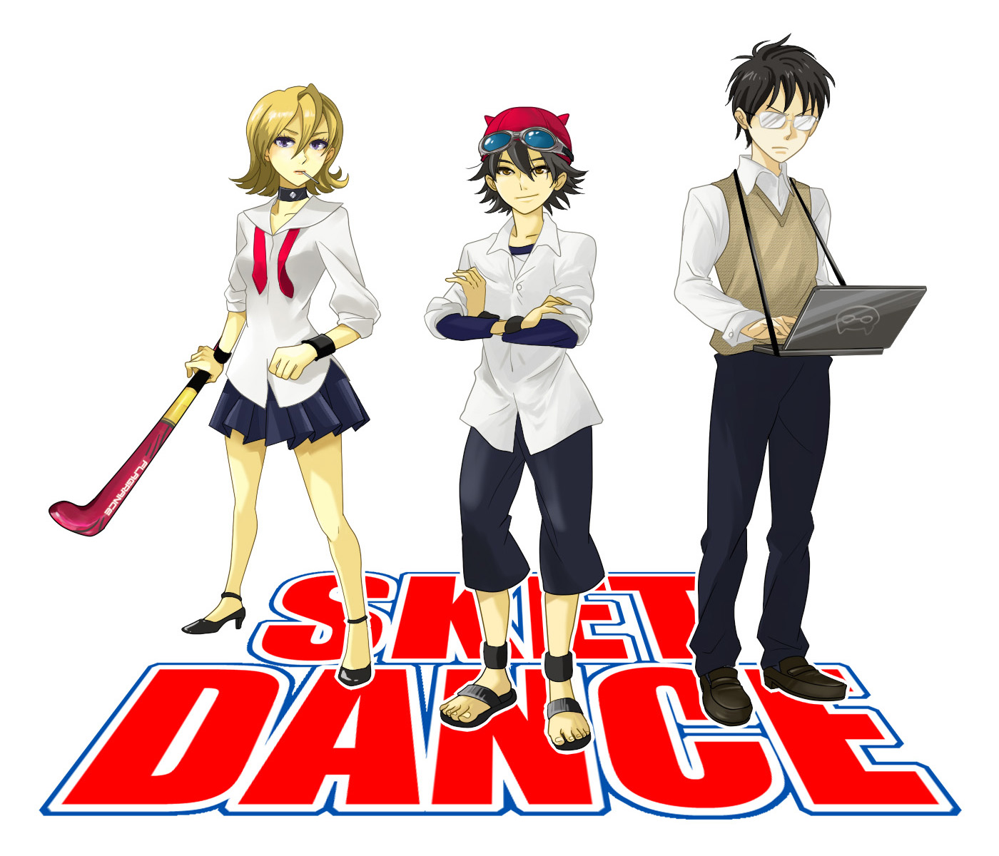 regain, fujisaki yuusuke, onizuka hime, usui kazuyoshi, sket dance, highres, 1girl, 2boys, black hair, blonde hair, blue eyes, brown eyes, candy, choker, cigarette, computer, copyright name, crossed arms, glasses, goggles, goggles on head, hat, high heels, hockey stick, horns, laptop, lollipop, multiple boys, pleated skirt, purple eyes, sandals, school uniform, shoes, short hair, skirt, sleeves rolled up, smoking, sweater vest, white background, wristband