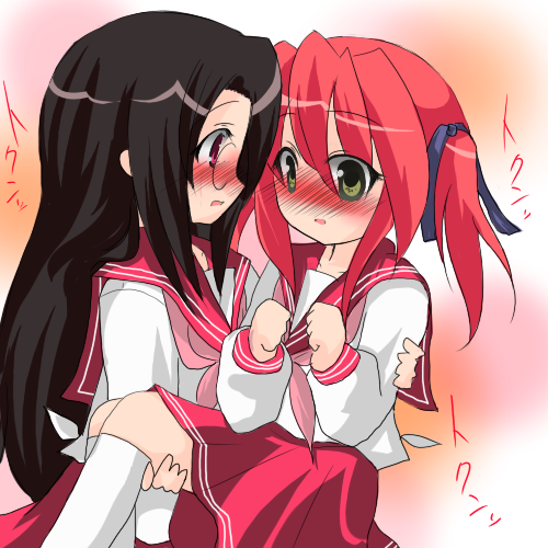 buuwa, kobayakawa yutaka, tamura hiyori, lucky star, lowres, 00s, 2girls, black hair, blush, carrying, female otaku, glasses, green eyes, long hair, looking at another, multiple girls, open mouth, otaku, princess carry, red eyes, red hair, school uniform, serafuku, short twintails, skirt, twintails, yuri