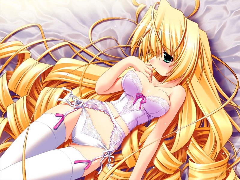 oono tetsuya, priecia, prism ark, game cg, non-web source, 00s, 1girl, blonde hair, corset, female focus, garter belt, green eyes, lingerie, long hair, lying, panties, profile, solo, thighhighs, underwear, very long hair