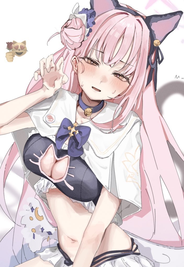 cat emoji, coa (35 seno), mika (blue archive), blue archive, commentary, jpeg artifacts, 1girl, angel wings, animal ear hairband, animal ears, bell, black bra, black hairband, black panties, black ribbon, blush, bow, bowtie, bra, brown eyes, capelet, cat cutout, cat ear hairband, cat ears, cat lingerie, cat tail, choker, claw pose, cleavage cutout, clenched hand emoji, clothing cutout, cowboy shot, crescent, crescent ornament, cross, ear bell, ear ribbon, embarrassed, emoji, fake animal ears, flower, frilled bra, frilled panties, frills, furrowed brow, greek cross, hair behind ear, hair bun, hair flower, hair ornament, hairband, halo, hand up, heart, heart-shaped eyes, holding, holding flower, jingle bell, long hair, looking at viewer, low wings, multi-strapped panties, narrowed eyes, navel, neck bell, panties, panty straps, parted lips, pink hair, pink halo, puritan collar, purple bow, purple bowtie, purple choker, purple flower, red flower, red rose, ribbon, rose, side ahoge, side up bun, simple background, single side bun, smiling face with heart-shaped eyes emoji, solo, stomach, sweatdrop, tail, tail raised, underwear, very long hair, white background, white capelet, white wings, wing ornament, wings