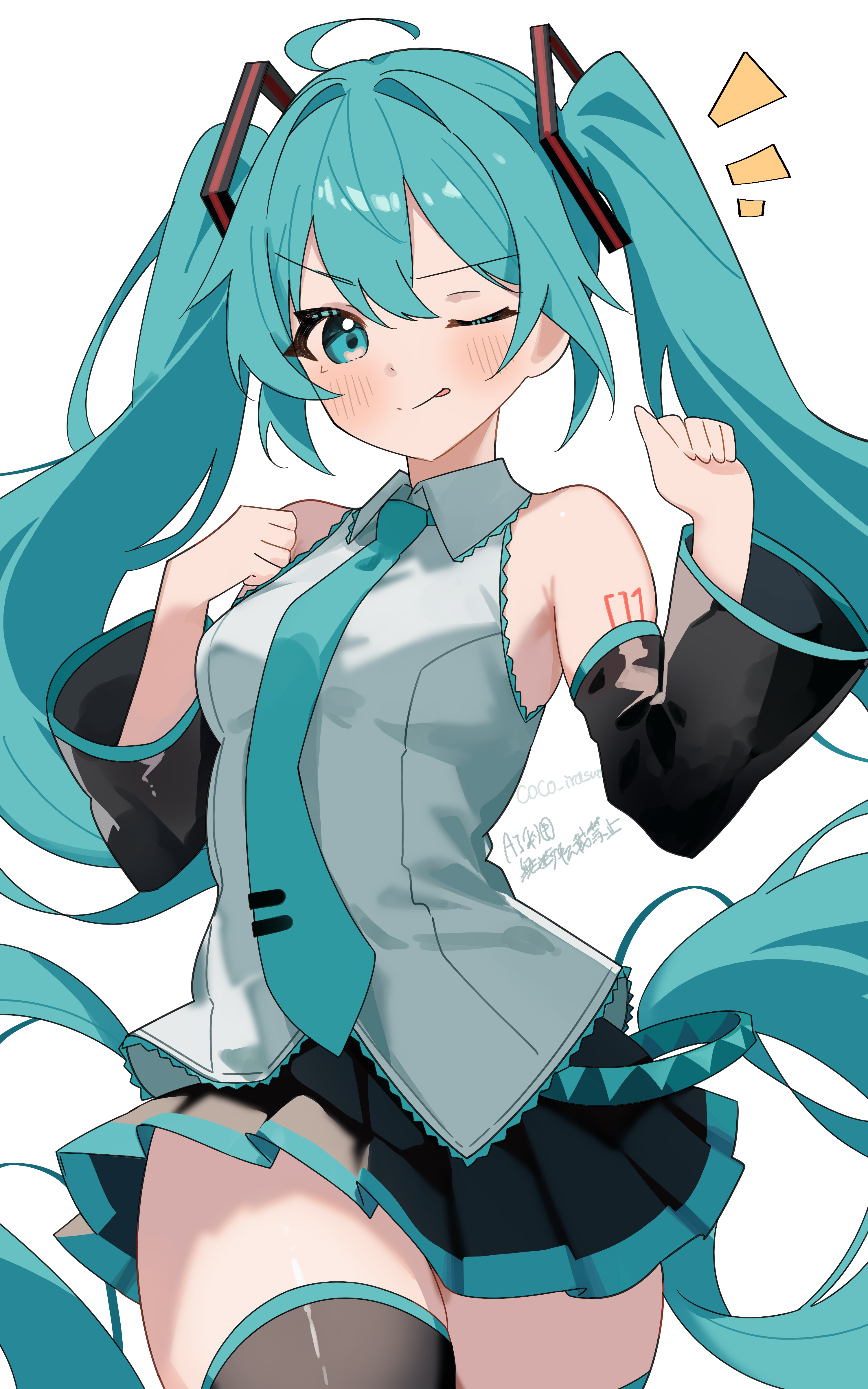coco irasuto, hatsune miku, vocaloid, absurdres, highres, 1girl, ahoge, aqua eyes, aqua hair, aqua necktie, aqua trim, arm tattoo, armpit crease, black skirt, blush, breasts, closed mouth, collared shirt, detached sleeves, hair between eyes, hair ornament, long hair, long sleeves, looking at viewer, medium breasts, necktie, notice lines, number tattoo, one eye closed, pleated skirt, shirt, simple background, skirt, smile, solo, sweat, tattoo, thick thighs, thighs, twintails, very long hair, white background, white shirt, wide sleeves