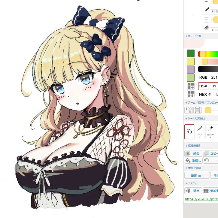 tsujiya okuyasu, saeki miria, mahou shoujo no majo saiban, commentary request, 1girl, :o, art program in frame, black bow, black dress, blonde hair, blue eyes, blunt bangs, bow, breasts, cleavage, cropped torso, dress, ear piercing, earrings, hair bow, jewelry, large breasts, long hair, looking at viewer, magical girl, mole, mole under eye, piercing, simple background, solo, upper body, white background
