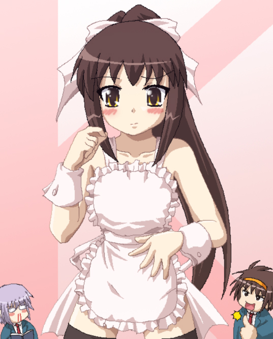 hayashiya zankurou, kyon, kyonko, nagato yuki, nagato yuuki, suzumiya haruhi, suzumiya haruhiko, suzumiya haruhi no yuuutsu, suzumiya haruhiko no yuuutsu, 00s, 1girl, 2boys, apron, blood, blush, brown hair, chibi, chibi inset, genderswap, genderswap (ftm), genderswap (mtf), multiple boys, naked apron, nosebleed, ponytail, thighhighs, thumbs up