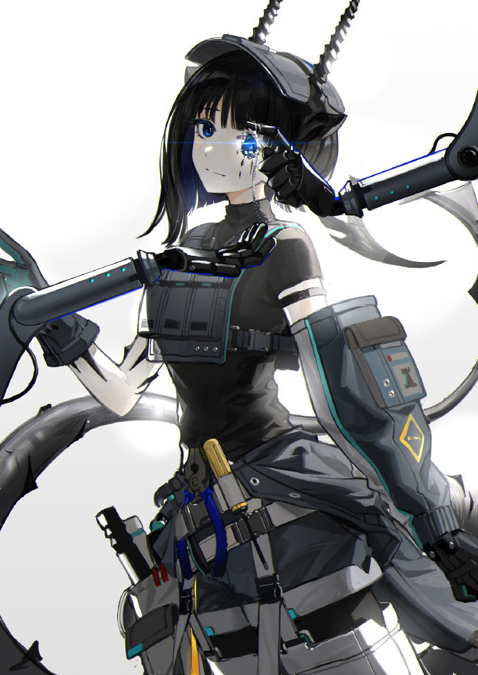 five-fall, arknights, image sample, 1girl, asymmetrical hair, belt, black gloves, black hair, black horns, black shirt, blue eyes, blue hair, colored inner hair, cowboy shot, detached sleeves, dot nose, drill, dutch angle, gloves, grey jumpsuit, hammer, holding, holding jewelry, horns, jewelry, jumpsuit, looking at viewer, machine tool, material growth, mechanical arms, mechanical hands, multicolored hair, one eye covered, open jumpsuit, oripathy lesion (arknights), pliers, pouch, rhodes island logo (arknights), screwdriver, shirt, short hair, single detached sleeve, smile, solo, split mouth, t-shirt, tail, tools, turtleneck, utility belt, welding mask, whitesmith (arknights)